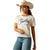 Ariat Women's Cowboy T-Shirt. Woman wearing a white t-shirt with 'Cowboy' text, blue jeans, and a straw hat on a white background