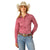 Ariat Women's Wrinkle Resistant Kirby Stretch L/S Western Shirt. Woman wearing a pink shirt, blue jeans, and a cowboy hat on a white background