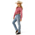 Ariat Women's Wrinkle Resistant Kirby Stretch L/S Western Shirt. Woman wearing a pink shirt, blue jeans, and a beige cowboy hat on a white background