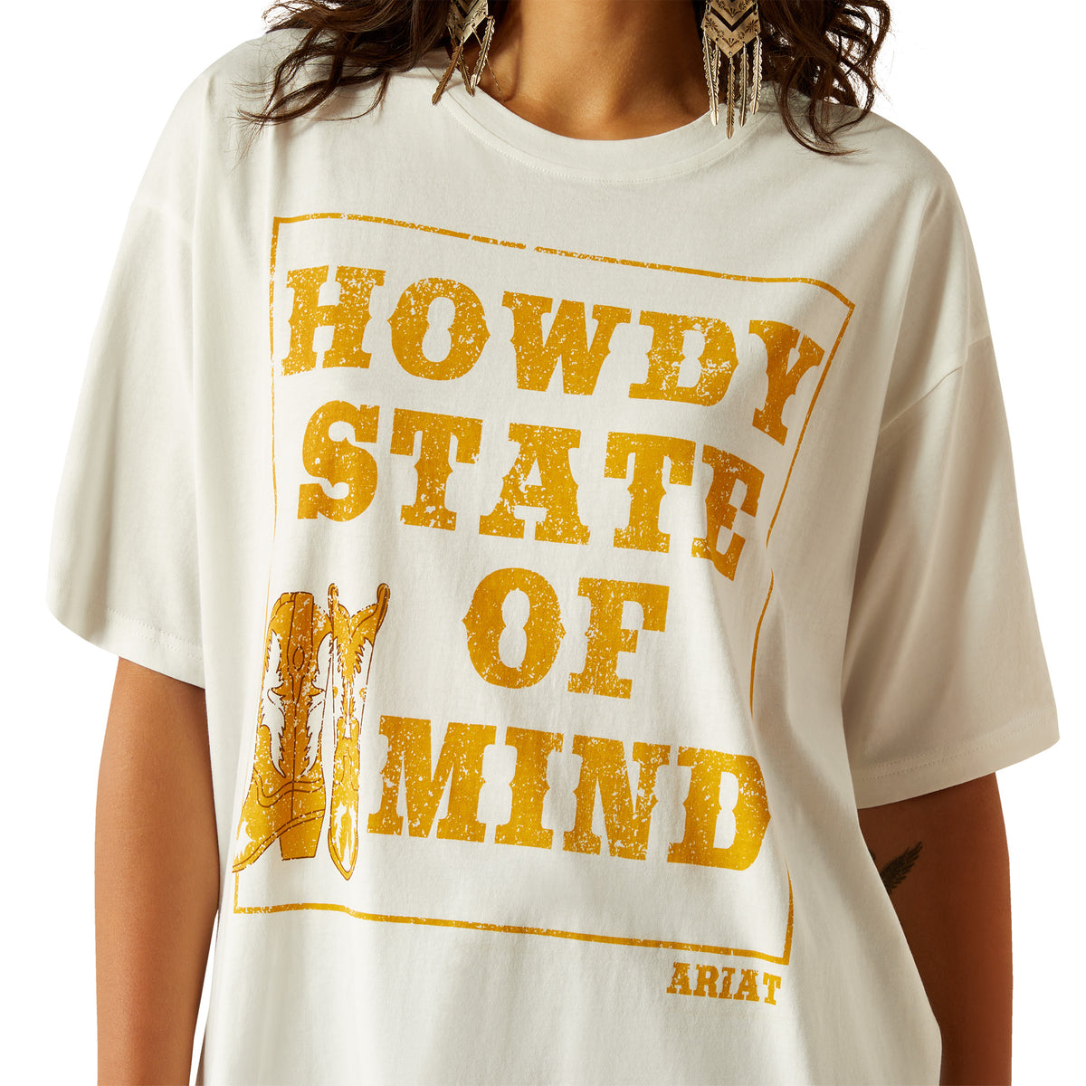 Ariat Women's Howdy State T-Shirt. White t-shirt with yellow text 'HOWDY STATE OF MIND' on a white background