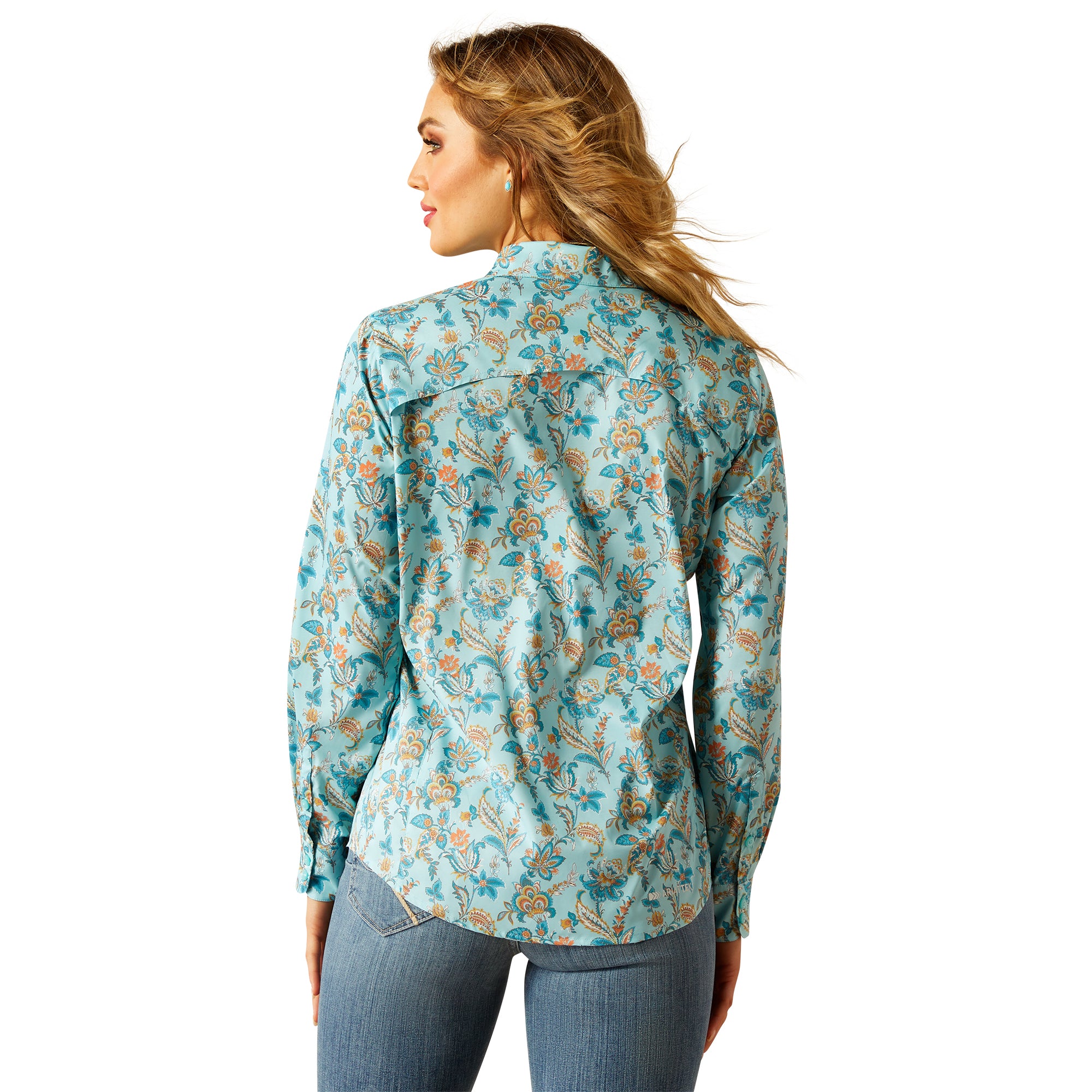Ariat Women's VentTEK L/S Western Shirt. Woman wearing a floral patterned shirt on a white background