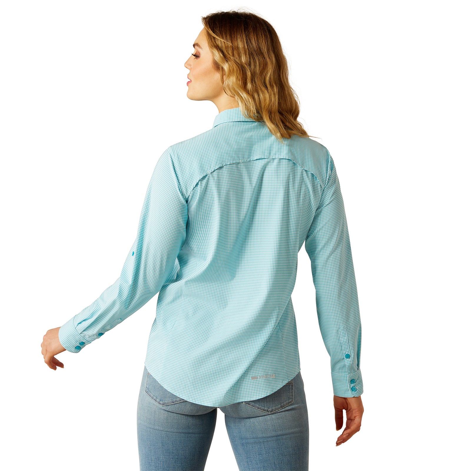 Ariat Women's VentTEK L/S Western Shirt. Woman wearing a light blue checkered shirt on a white background