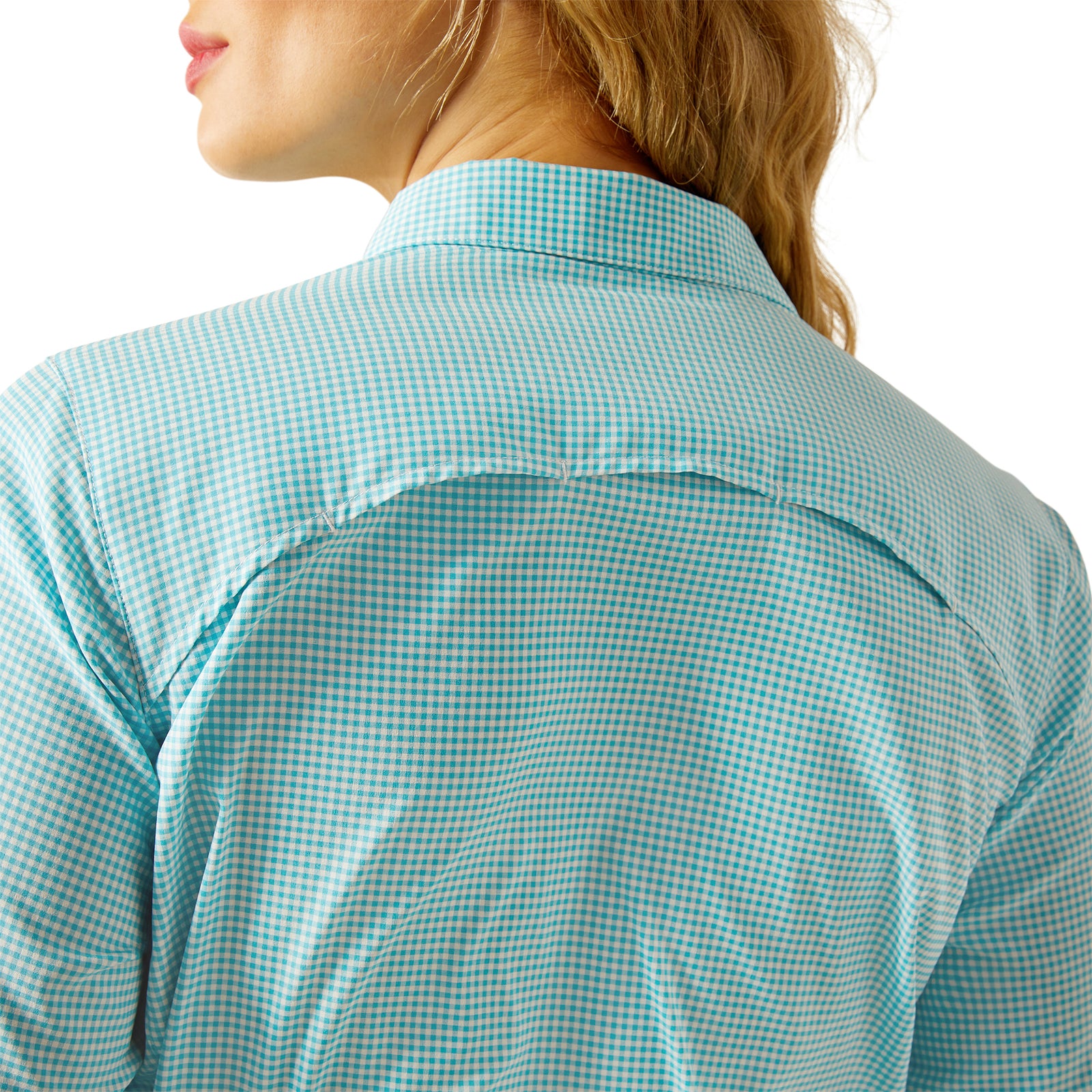 Ariat Women's VentTEK L/S Western Shirt. Close-up of a person wearing a green checkered shirt on a white background