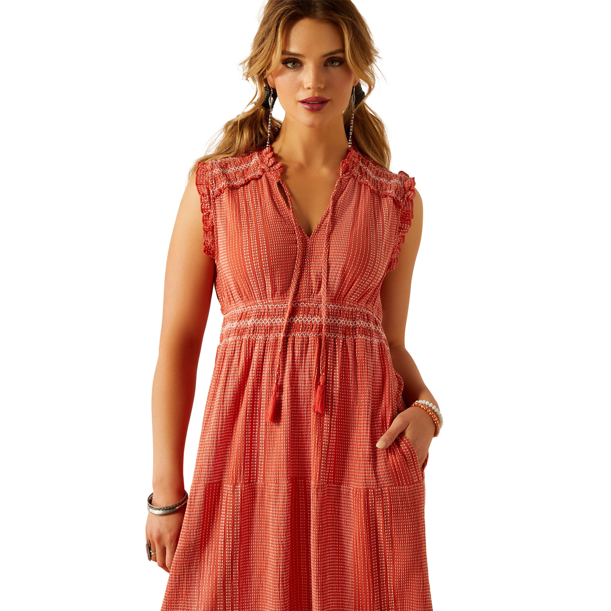 Ariat Women's Sunset State of Mind Dress. Woman wearing a long orange dress on a white background
