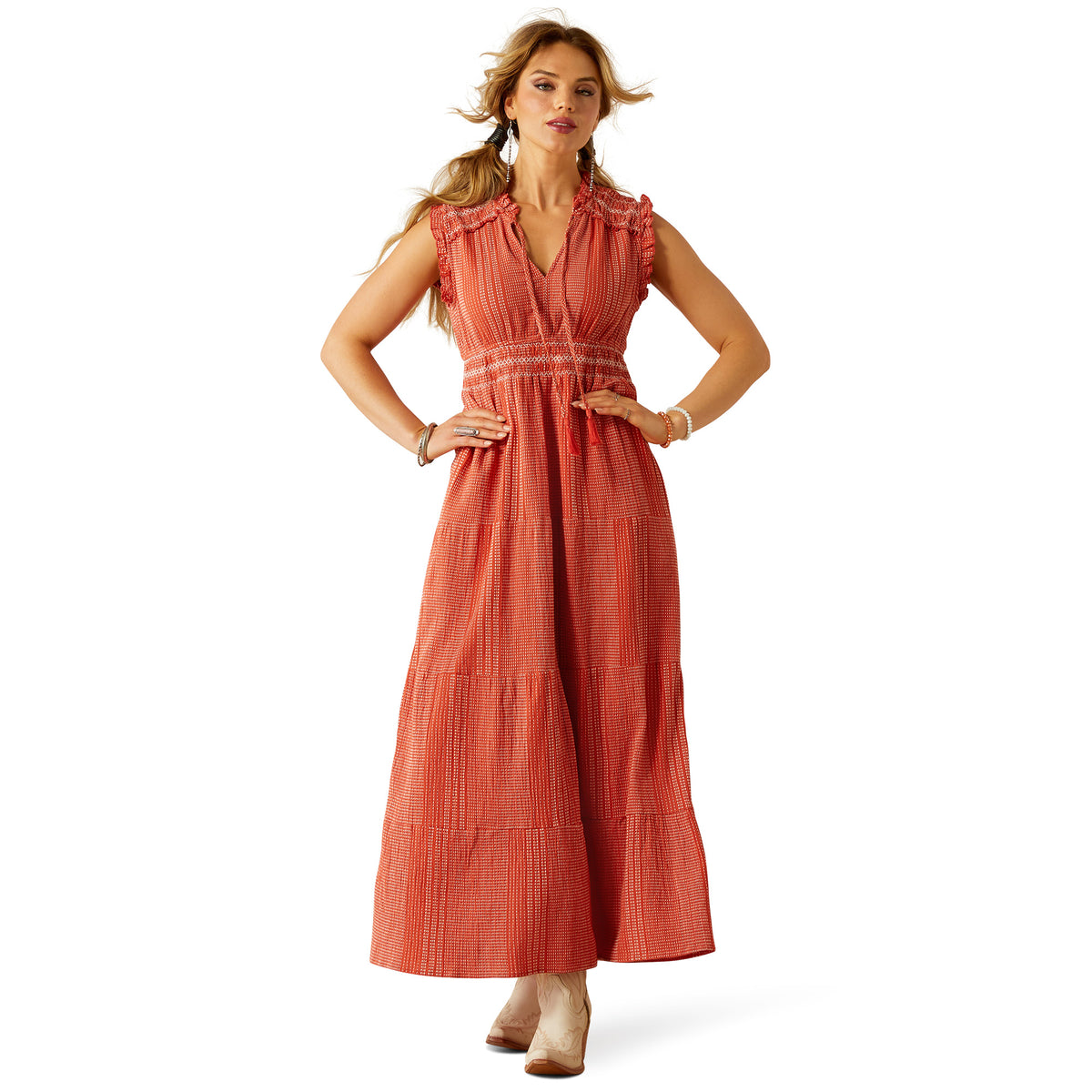 Ariat Women&#39;s Sunset State of Mind Dress. Woman wearing a long orange dress on a white background