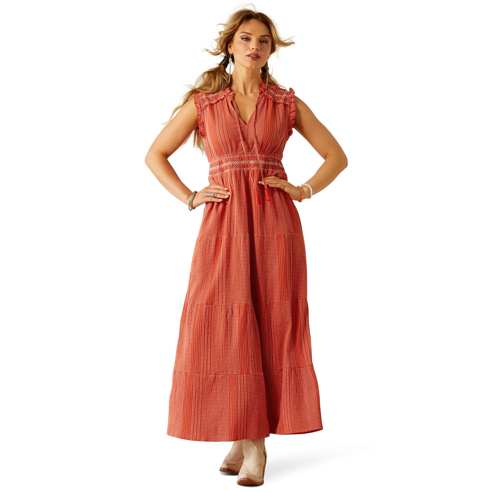 Ariat Women's Sunset State of Mind Dress. Woman wearing a long orange dress on a white background