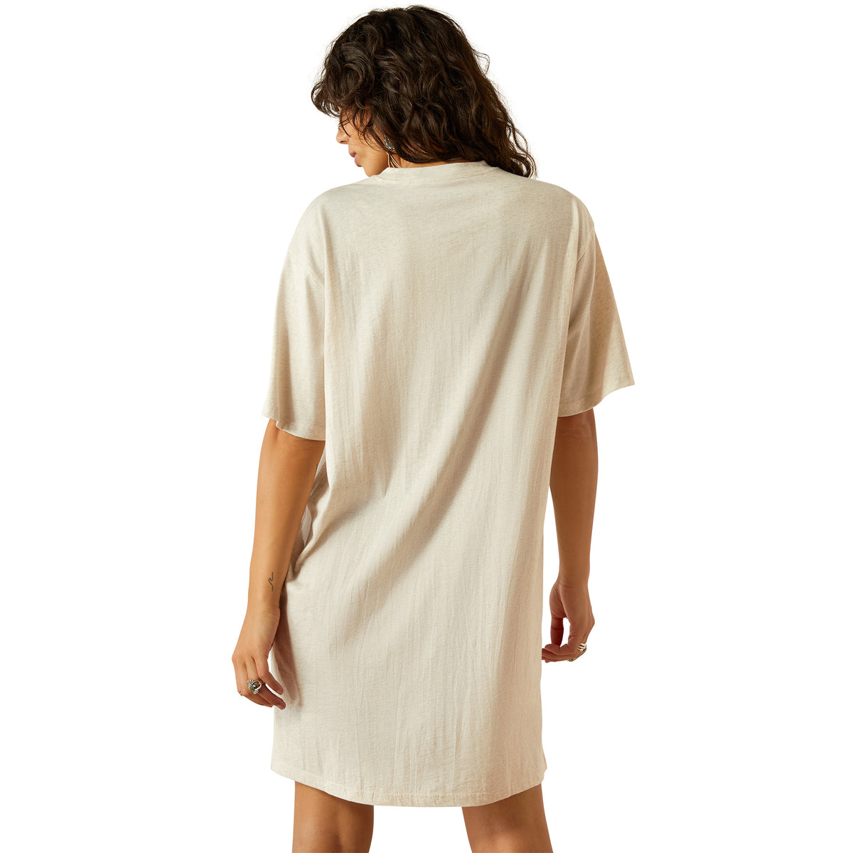 Ariat Women's Wild Cowgirl T-Shirt Dress. Woman wearing a beige dress on a white background