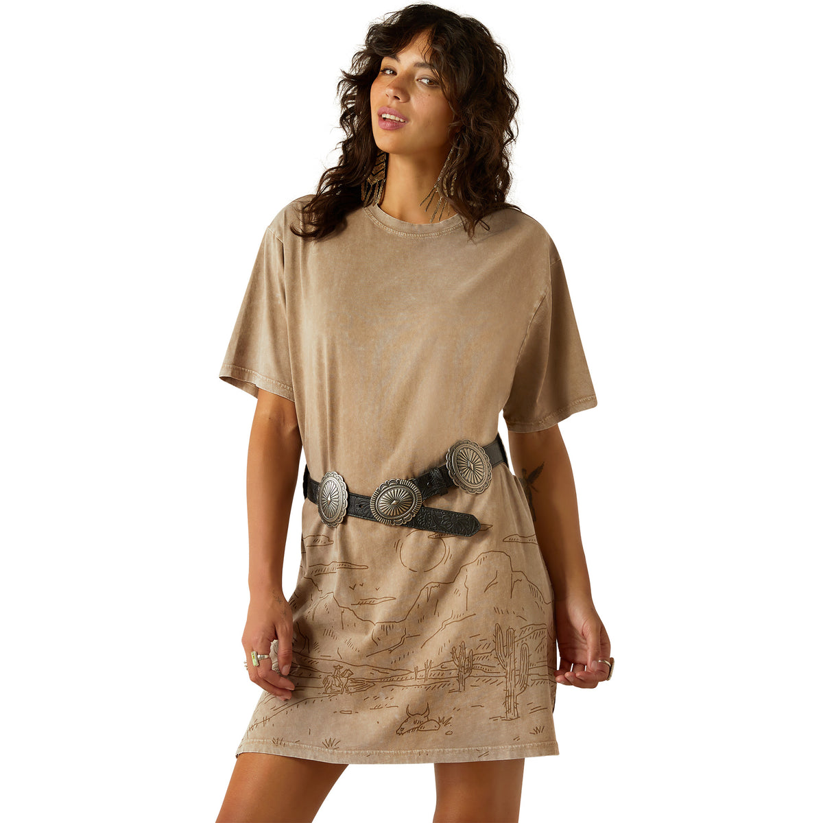 Ariat Women&#39;s Road Trip T-Shirt Dress. Woman wearing a beige t-shirt dress with a map design on a white background