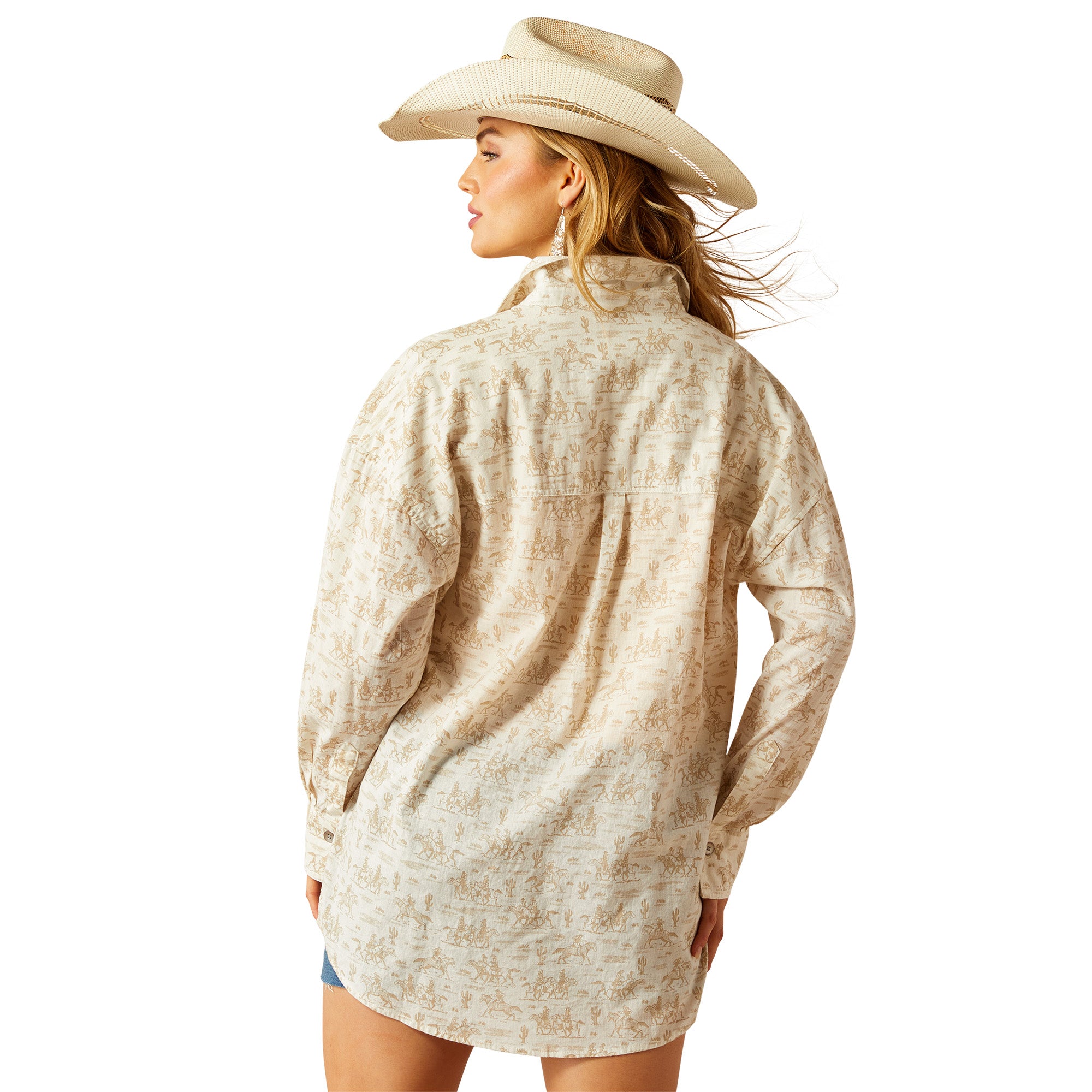 Ariat Women's Poppy Summer Overshirt L/S Western Shirt. Woman wearing a beige patterned shirt and hat on a white background