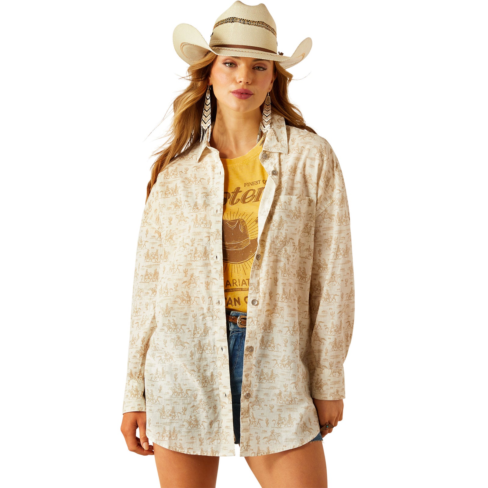 Ariat Women's Poppy Summer Overshirt L/S Western Shirt. Woman wearing a beige patterned shirt and cowboy hat on a white background