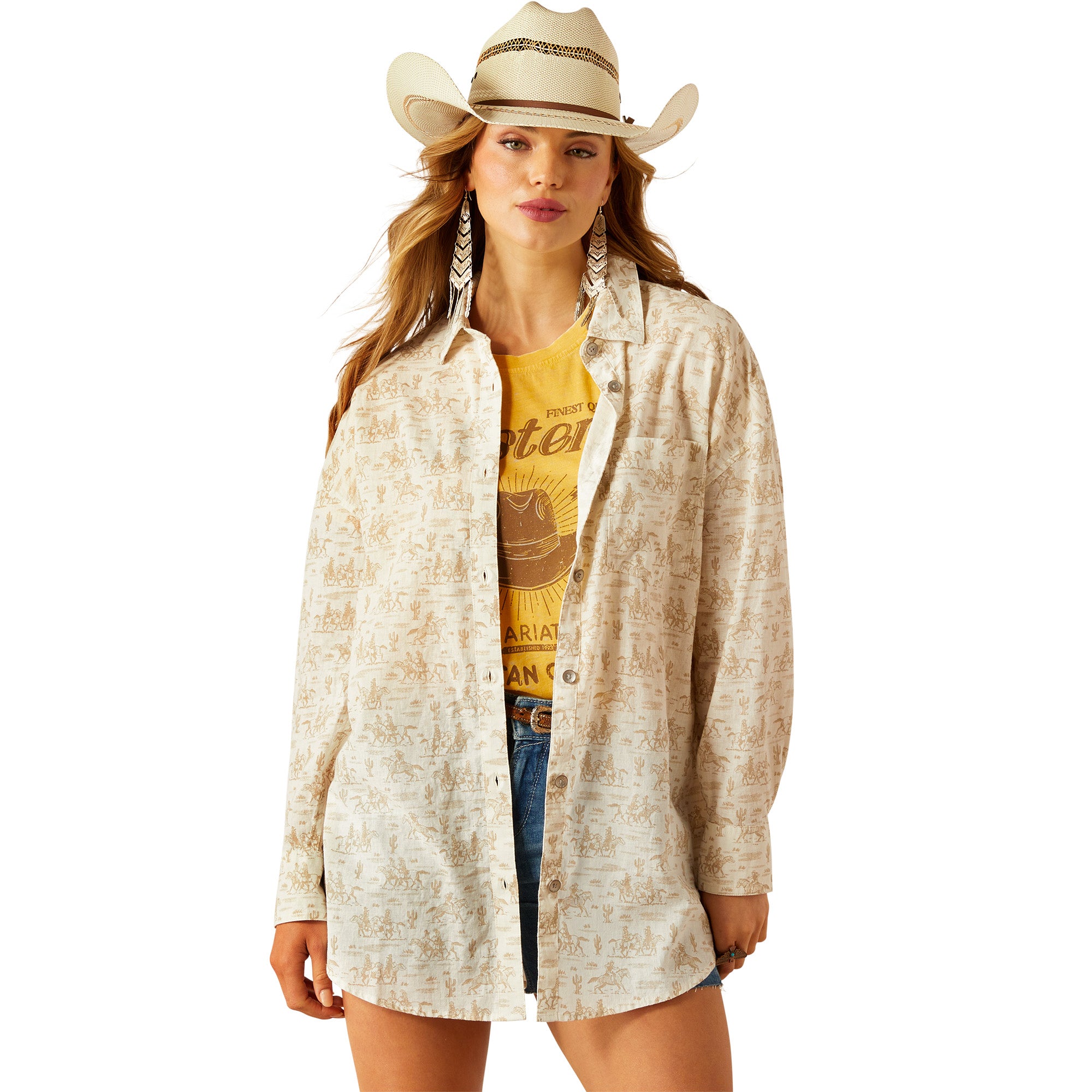 Ariat Women's Poppy Summer Overshirt L/S Western Shirt. Woman wearing a beige patterned shirt and cowboy hat on a white background