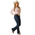 Ariat Women's Juliana Perfect Rise Trouser Jean. Woman wearing a cowboy hat, checkered shirt, and jeans on a white background
