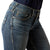 Ariat Women's Brydie Perfect Rise Boot Cut Jean. Close-up of blue jeans with a brand logo on a white background