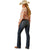 Ariat Women's Lilla Mid Rise Boot Cut Jean. Person wearing blue jeans and a patterned shirt on a white background