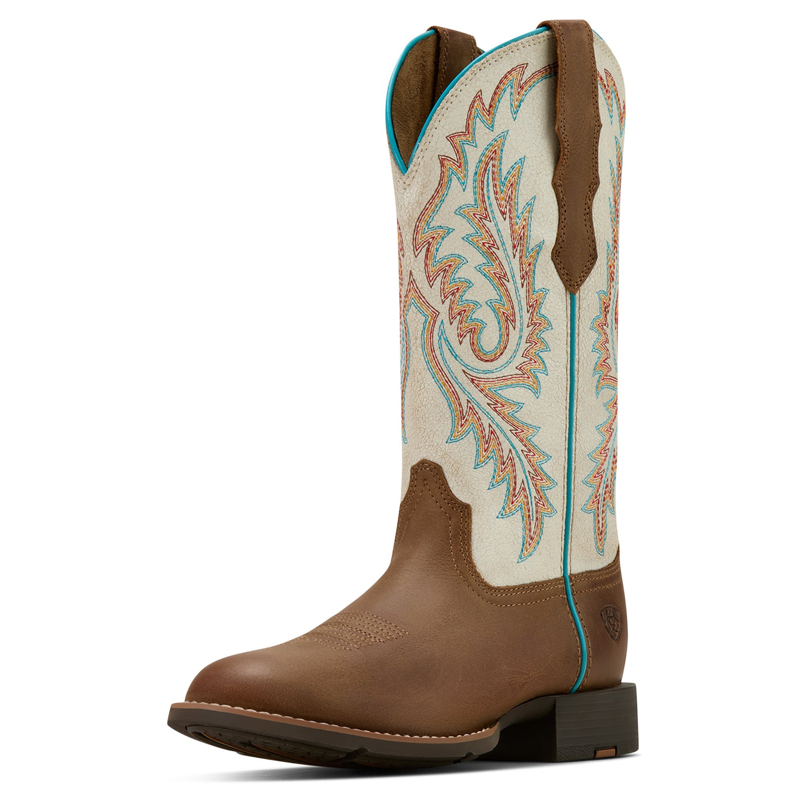 Ariat Women's Round Up W Toe StretchFit Western Boot. Women's brown and beige Ariat Round Up W Toe StretchFit Western boot with intricate stitching and a low heel.