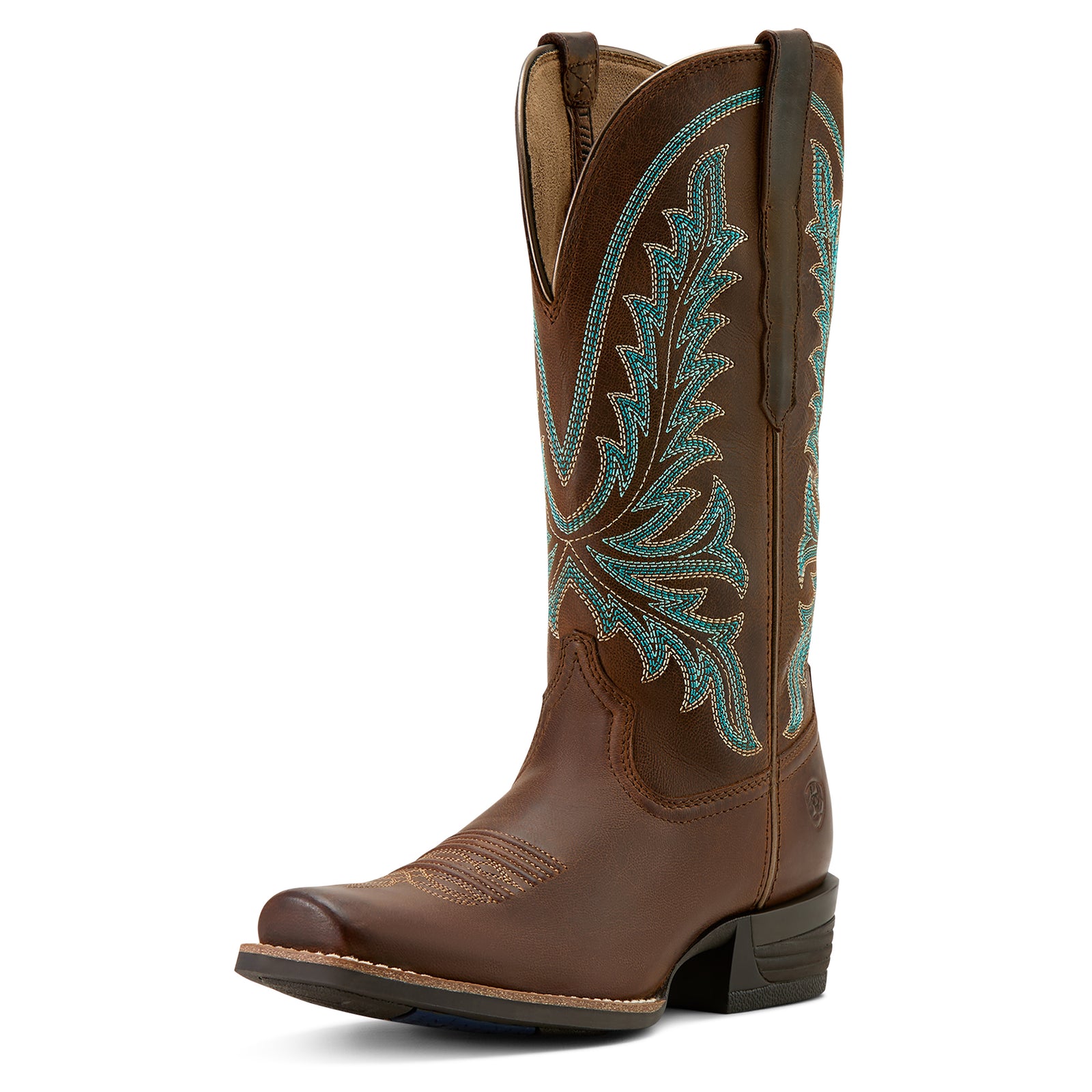 Ariat Women's Rock Creek Western Boot featuring a brown shaft with blue floral punchy shaft stitching, a square toe, and a low heel.