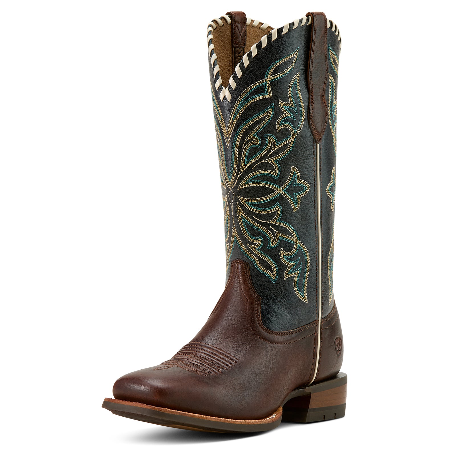  Ariat Women's Showdown Western Boot featuring a brown and blue leather with floral pattern detail.