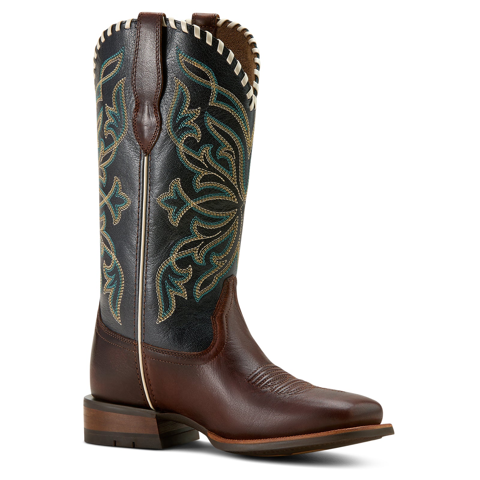  Ariat Women's Showdown Western Boot featuring a brown and blue leather with floral pattern detail.