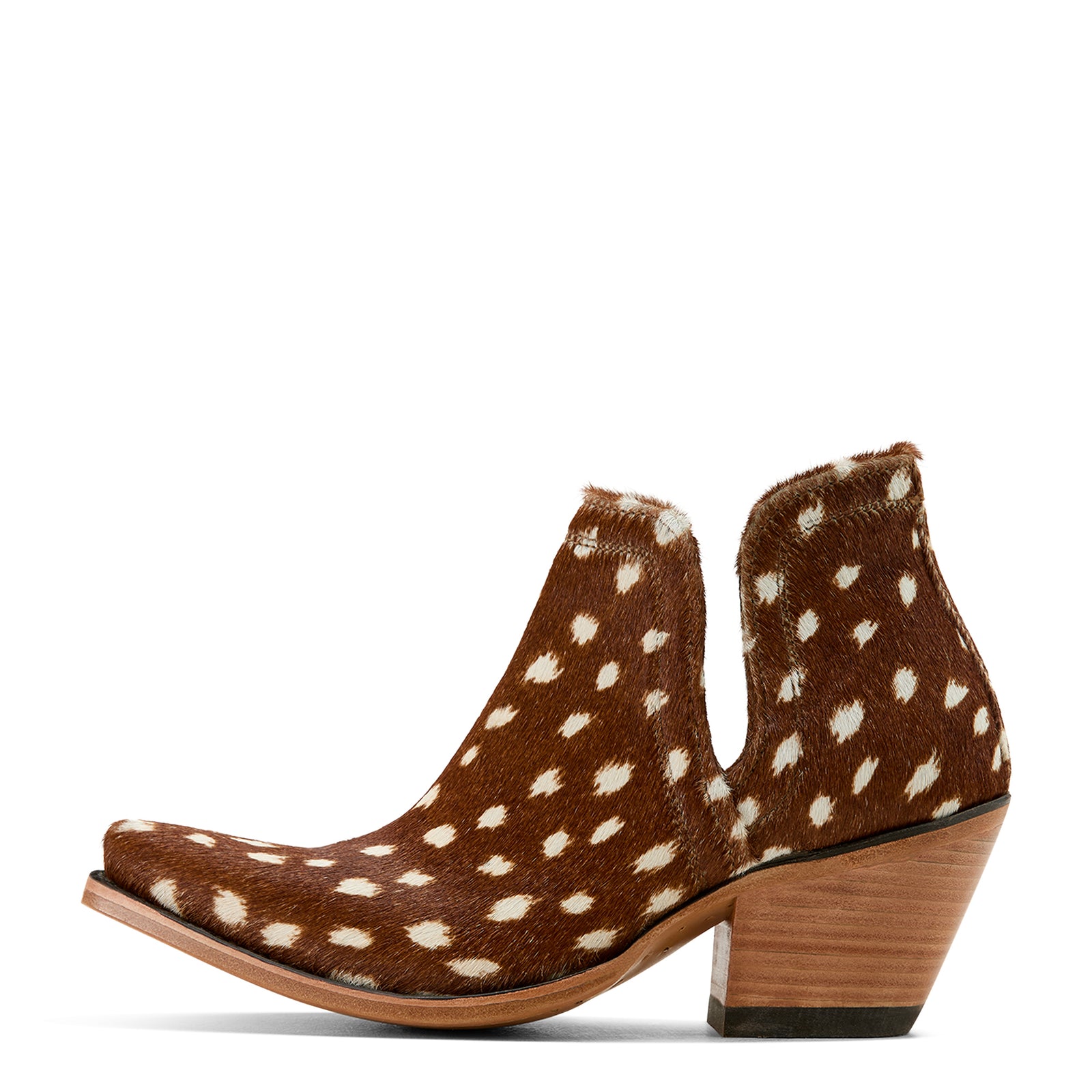 Ariat Dixon Western Bootie. Brown heeled boot with white heart pattern on a white background