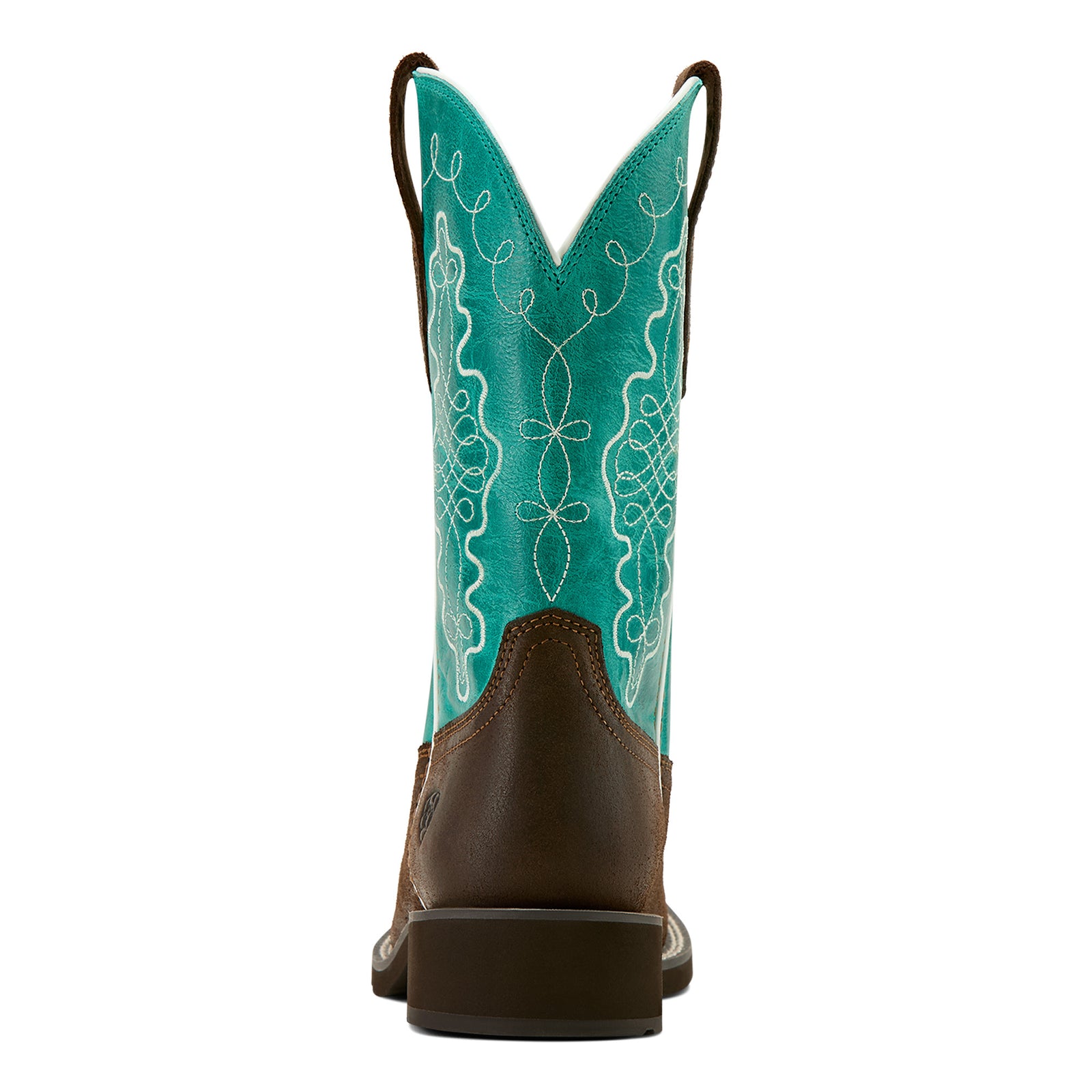 Ariat Women's Callie Western Boot featuring a brown full-grain leather upper with blue embroidery and a square toe.