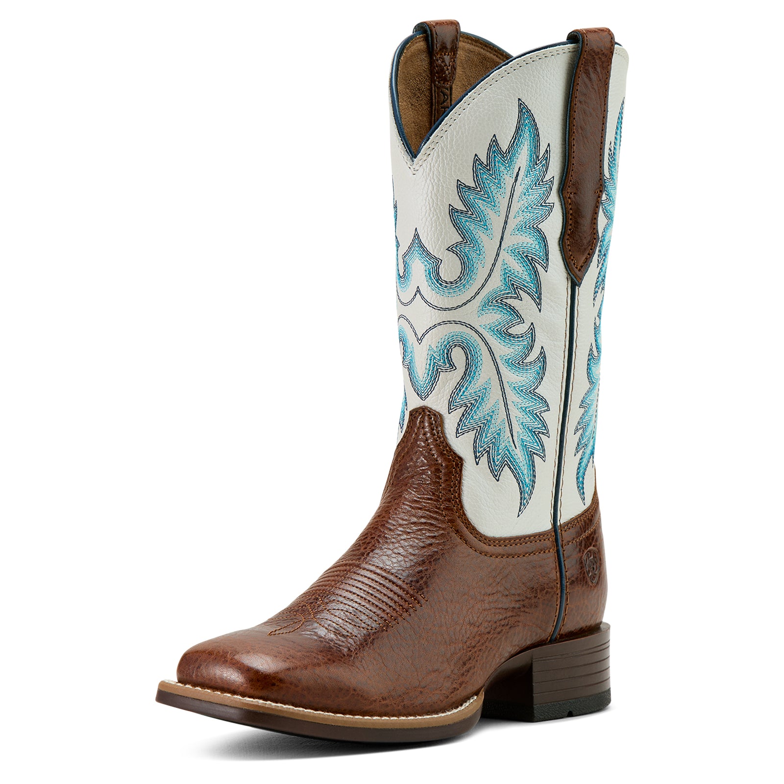 Ariat Women's Canyon Point Western Boot. Ariat women's western boot with a brown full-grain leather shaft, a contrasting white and blue stitch pattern, and a square toe.
