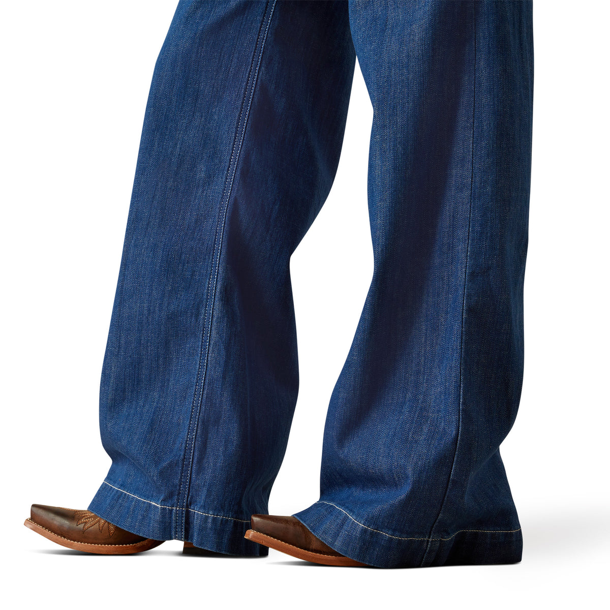 Ariat Women's Westie Ultra High-Rise Wide Leg Jean. Blue jeans worn by a person on a white background