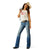 Ariat Women's Elaina High Rise Slim Trouser Jean. Woman wearing a white tank top with red text, blue jeans, and a cowboy hat on a white background