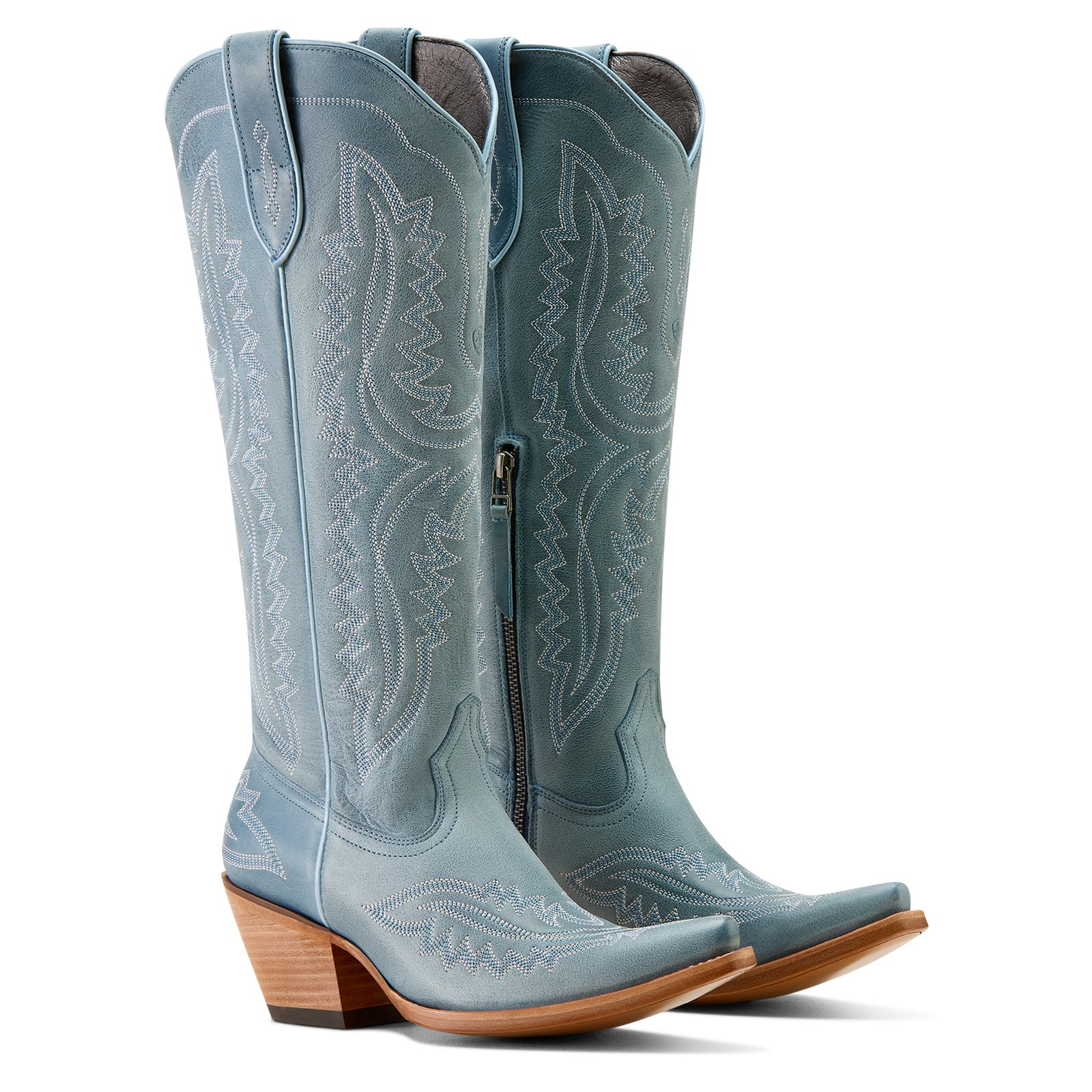 Ariat Women's Casanova X Toe Western Boot. Pair of light blue cowboy boots with brown soles on a white background