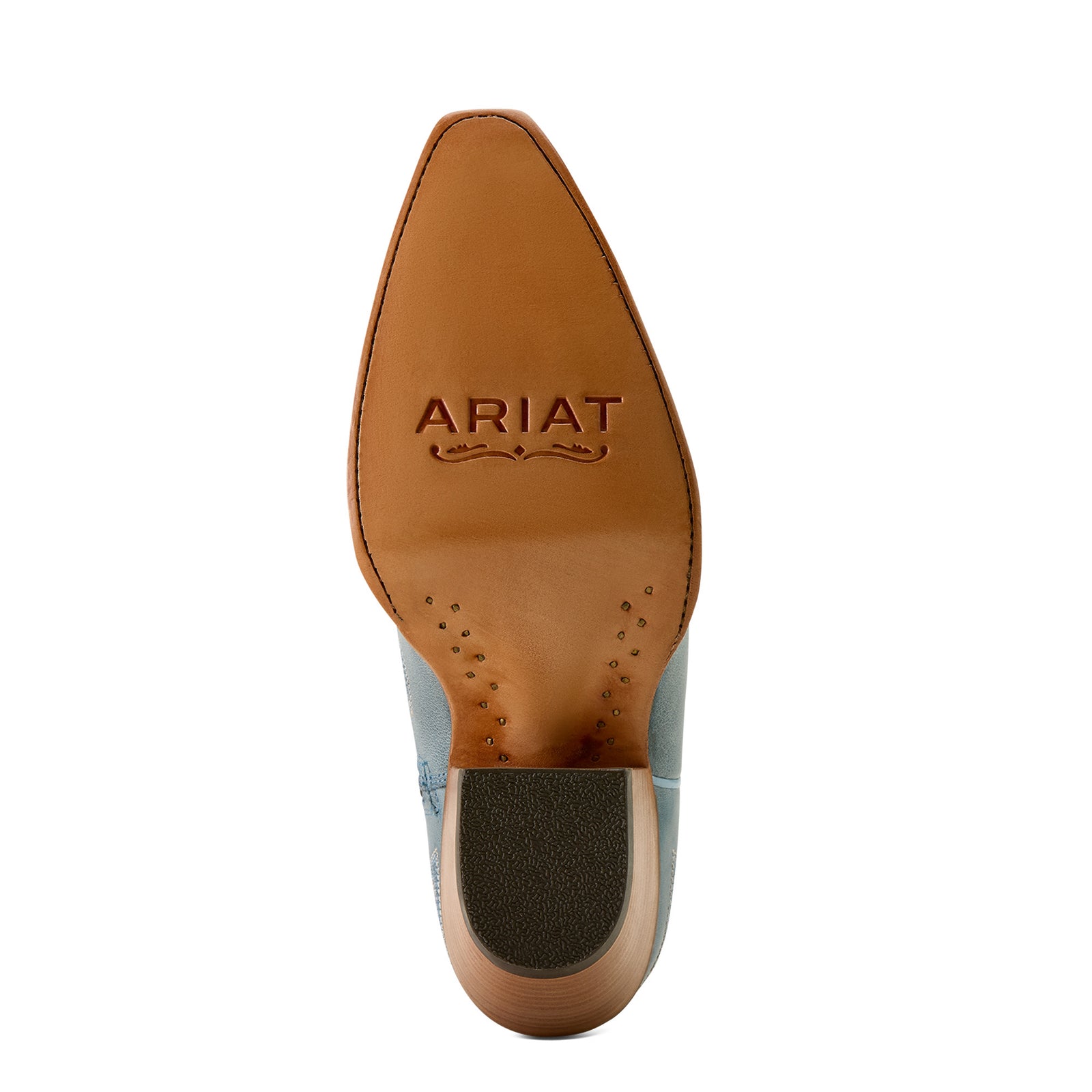 Ariat Women's Casanova X Toe Western Boot. Close-up of a shoe sole with 'Ariat' branding on a white background