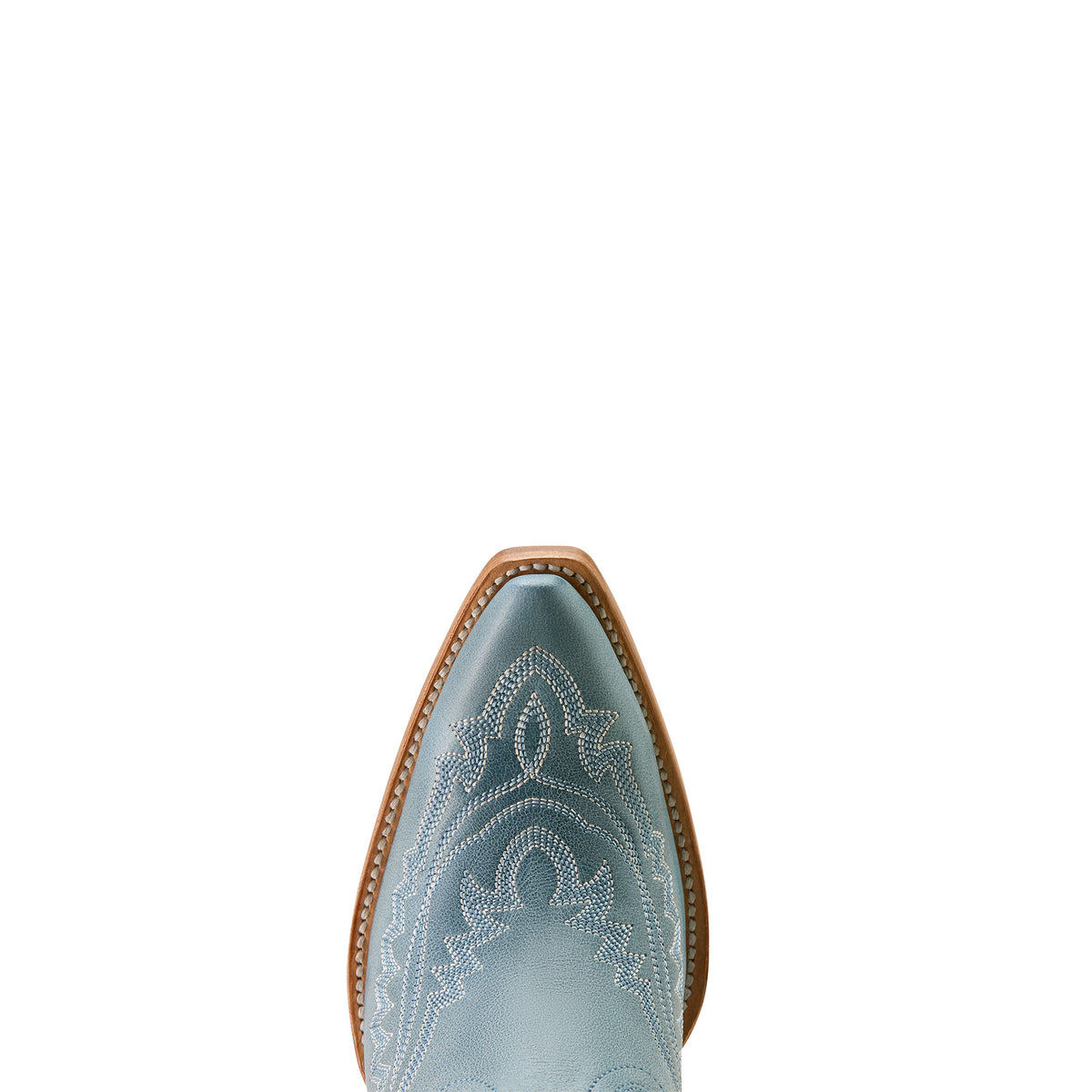 Ariat Women's Casanova X Toe Western Boot. Light blue cowboy boot with intricate brown embroidery on a white background