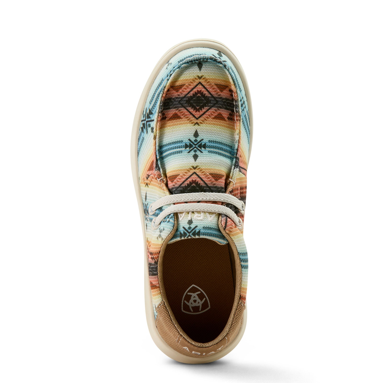 Children's Ariat Hilo shoe with a multicolor pattern, flat sole, and lace-up closure.