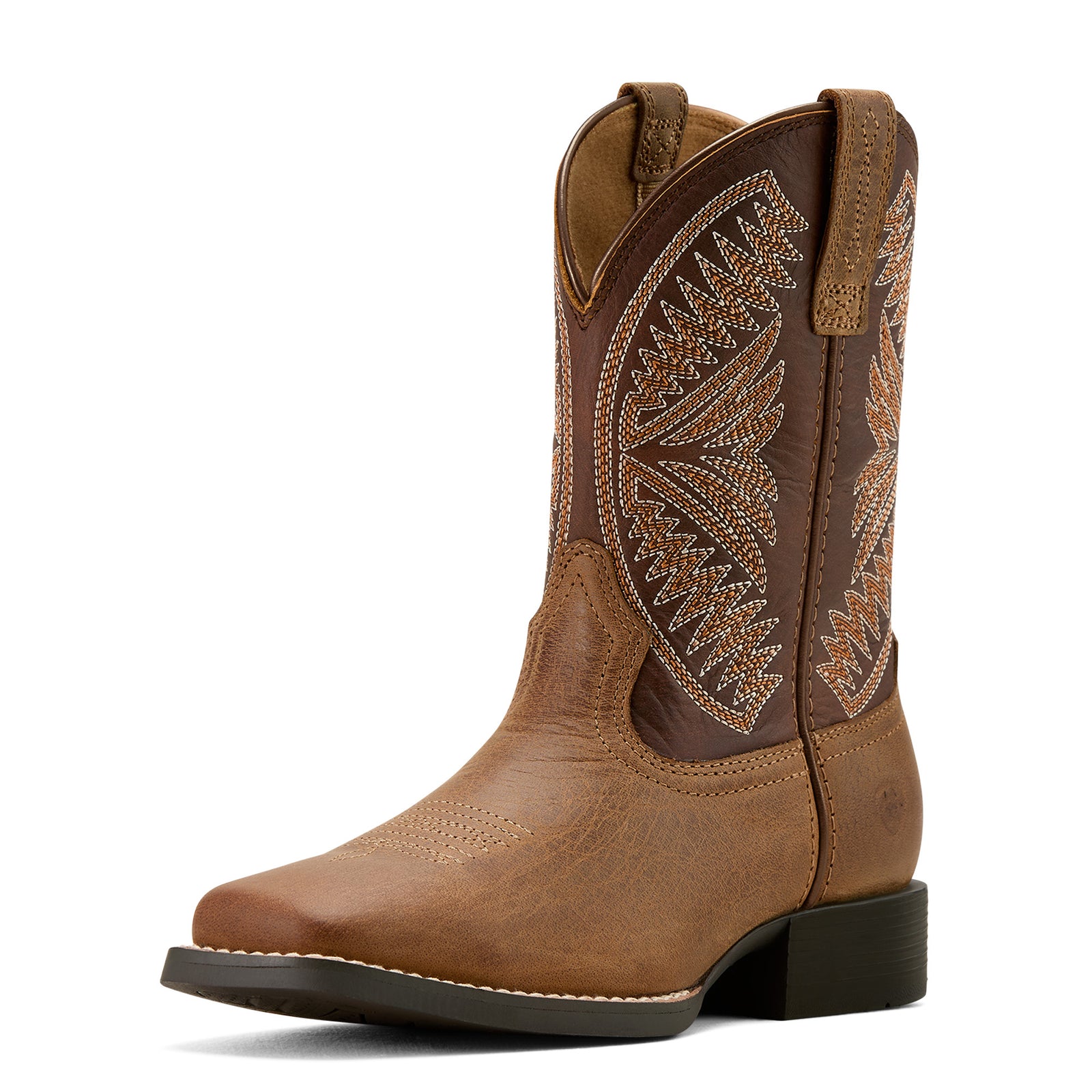 Ariat Kids Ruidoso Western Boot. A kids' Western boot with a brown full-grain leather upper, a round toe, and a decorative five-row stitch pattern.