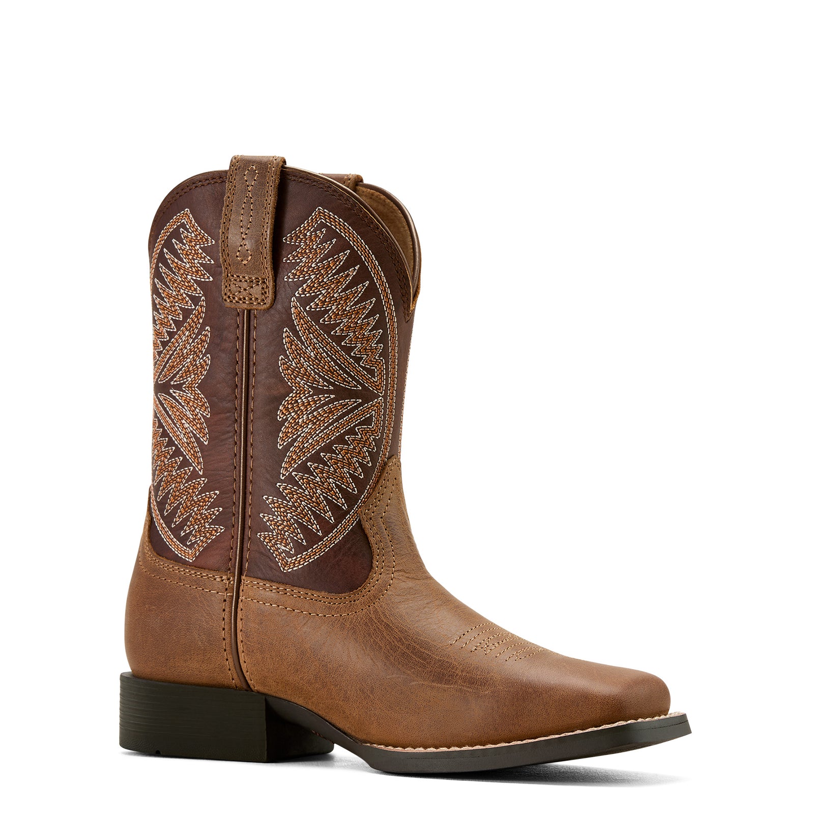 Ariat Kids Ruidoso Western Boot. A kids' Western boot with a brown full-grain leather upper, a round toe, and a decorative five-row stitch pattern.