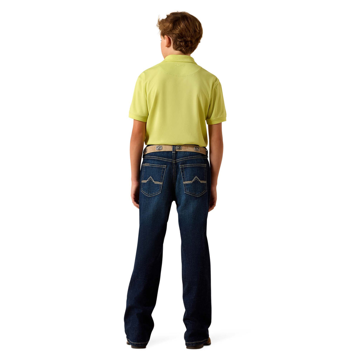Person wearing a yellow shirt and blue jeans on a white background