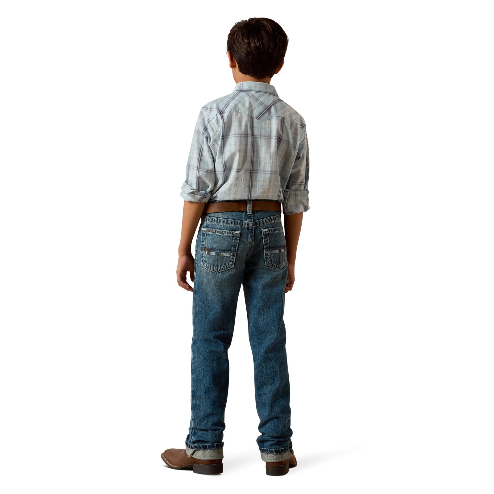 Person wearing a plaid shirt and jeans from behind on a white background