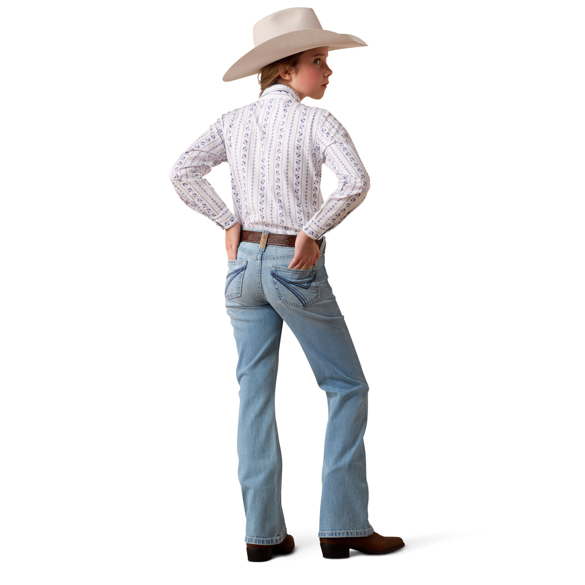Person wearing a white patterned shirt, blue jeans, and a beige cowboy hat on a white background