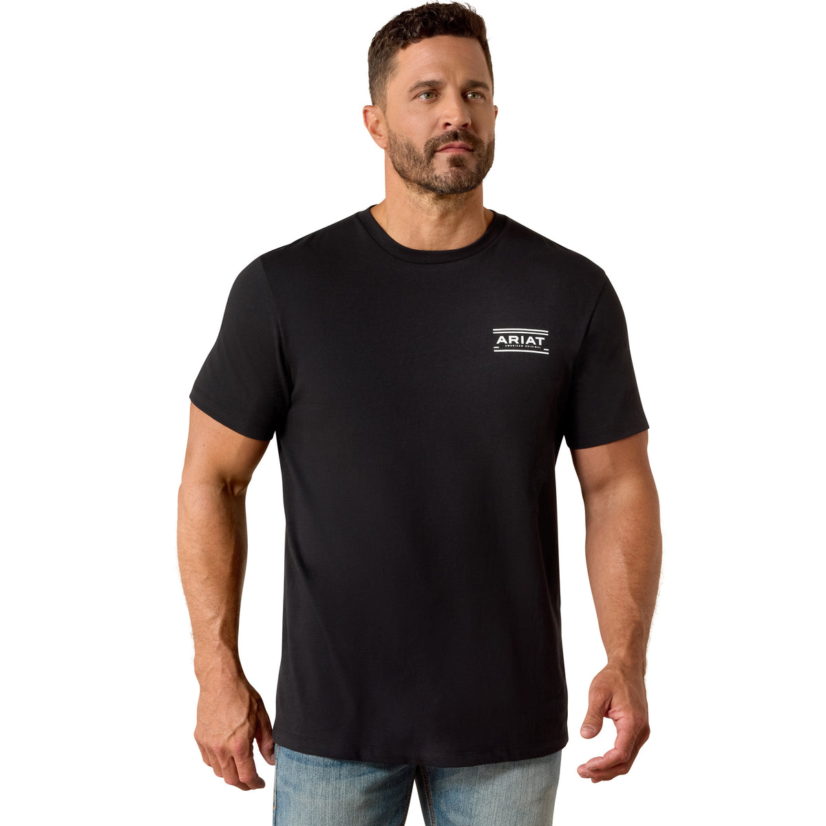 Man wearing a black t-shirt with a logo on a white background