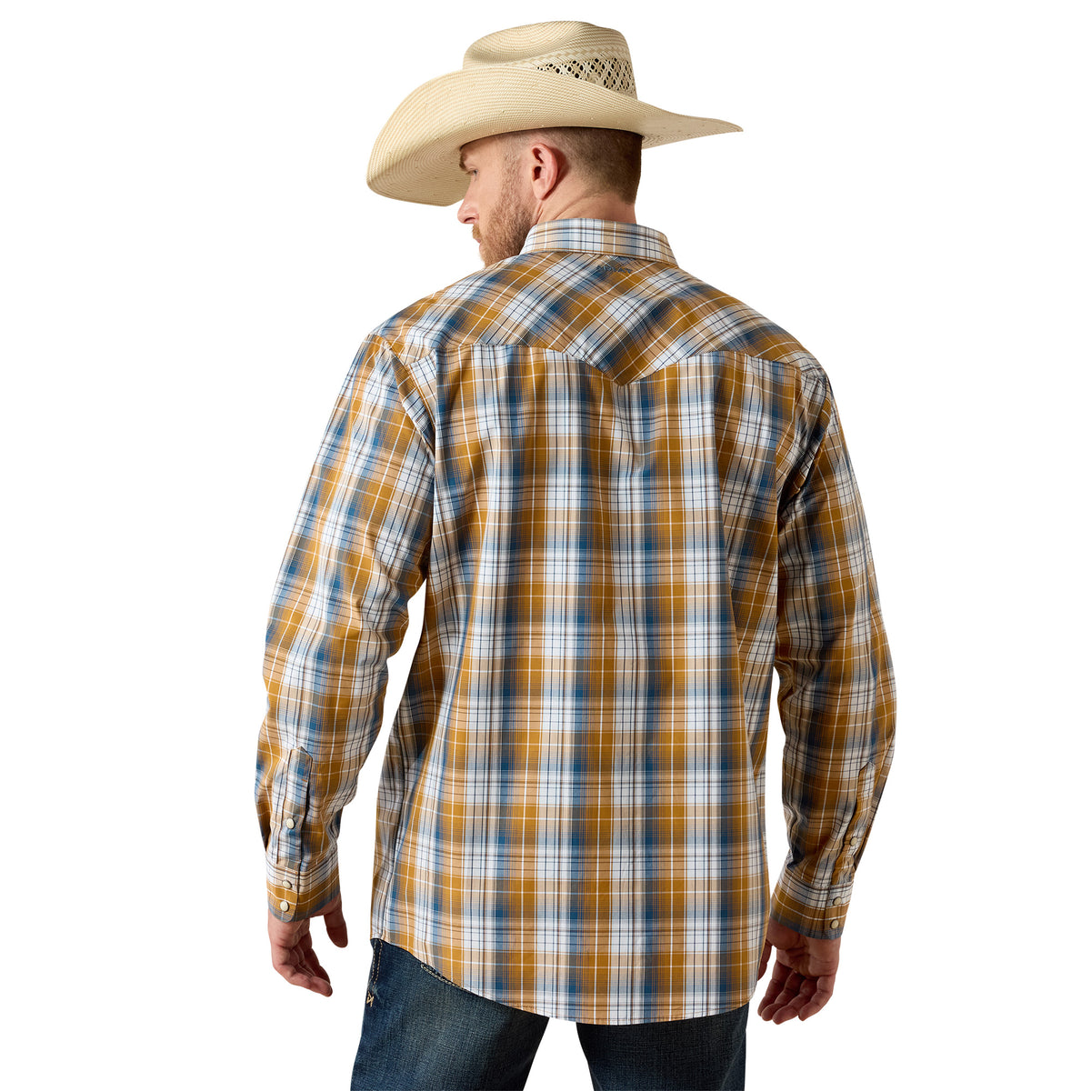 Man wearing a plaid shirt and cowboy hat on a white background