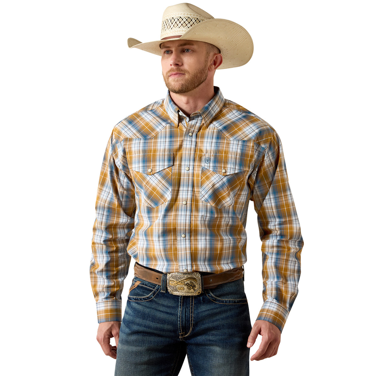 Man wearing a plaid shirt, jeans, and a cowboy hat on a white background
