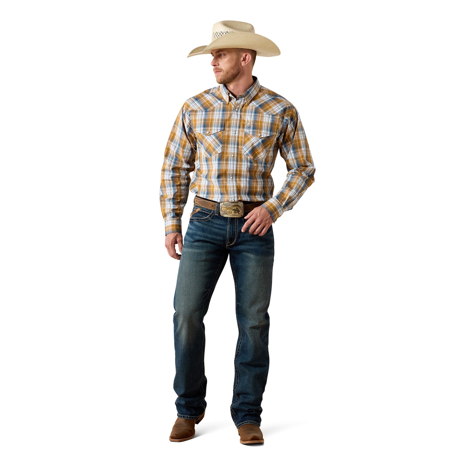 Man wearing a plaid shirt, jeans, and cowboy hat on a white background