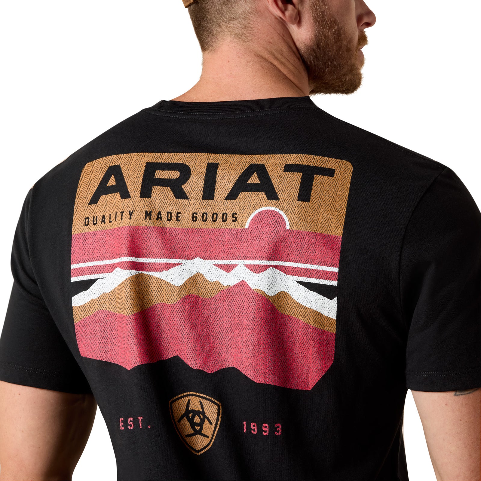 Black t-shirt with Ariat logo and mountain design on the back, worn by a person.