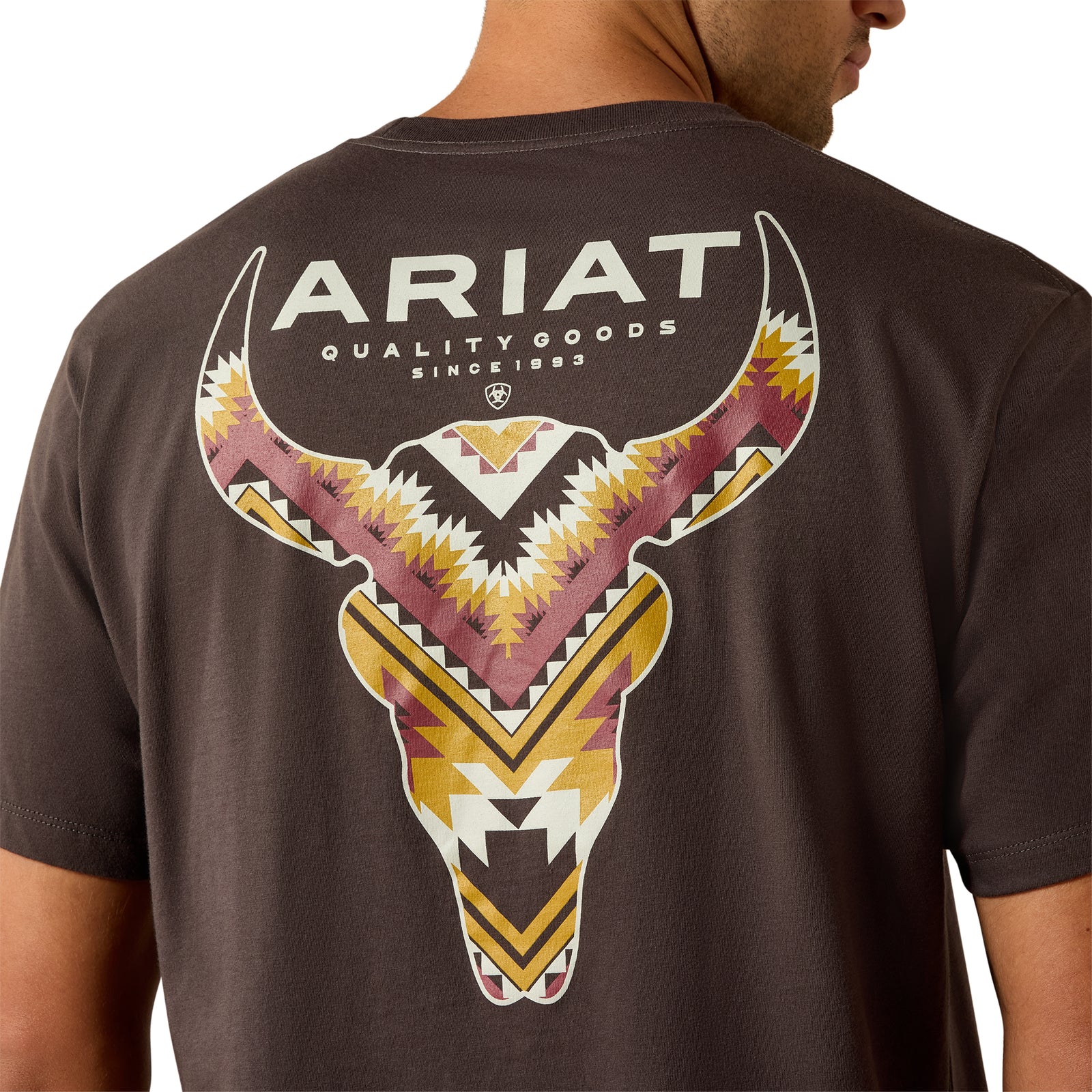 Brown t-shirt with Ariat logo and colorful bull graphic on the back