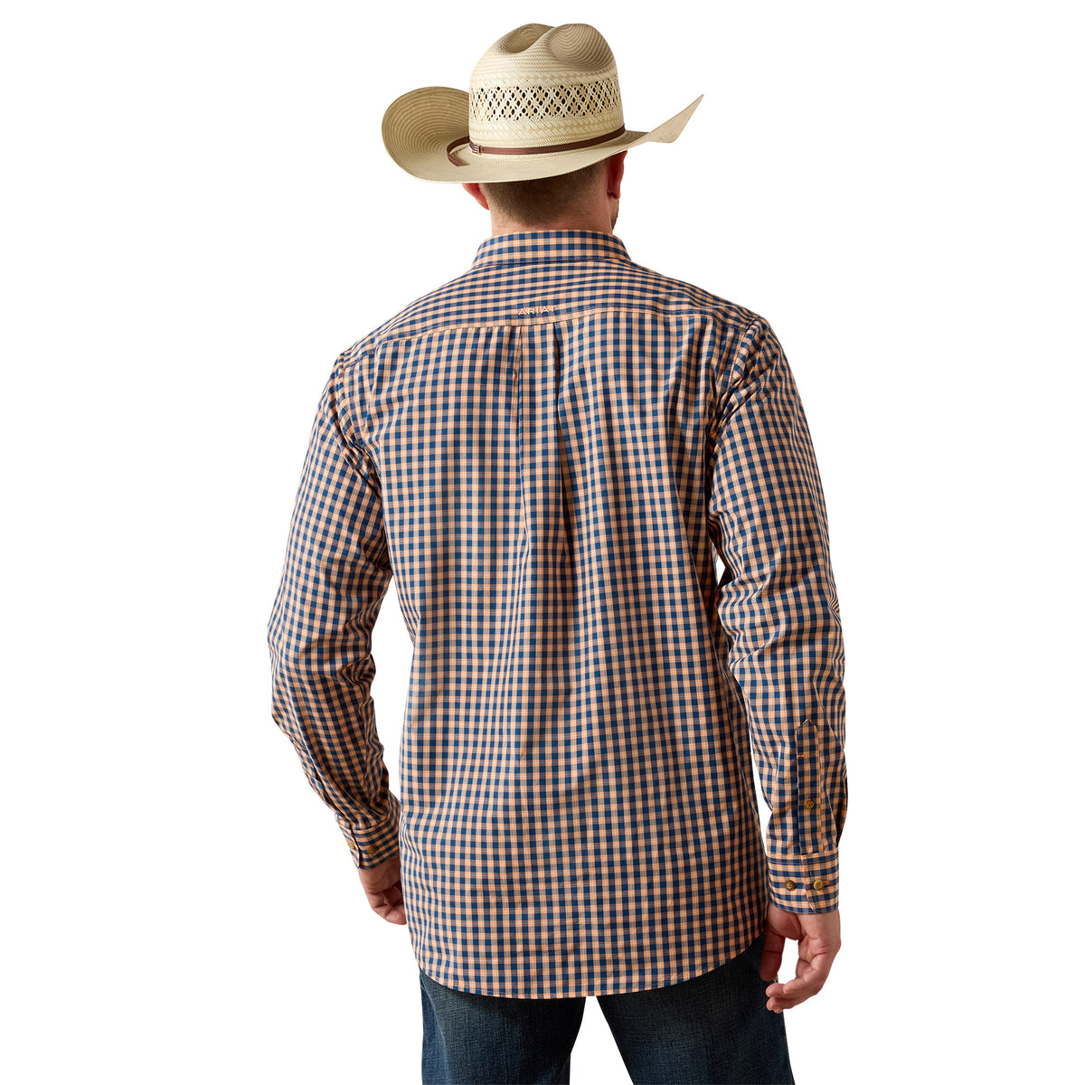 A man viewed from behind wearing a long-sleeve plaid button-down shirt and a light tan cowboy hat, set against a plain white background.