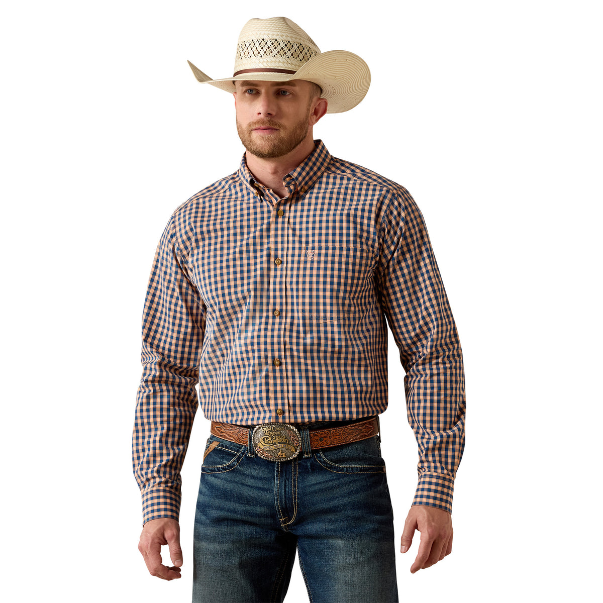 A man wearing a long-sleeve button-down western shirt with a brown, blue, and white gingham pattern, paired with blue jeans, a brown leather belt, and a cream-colored cowboy hat, set against a plain white background.