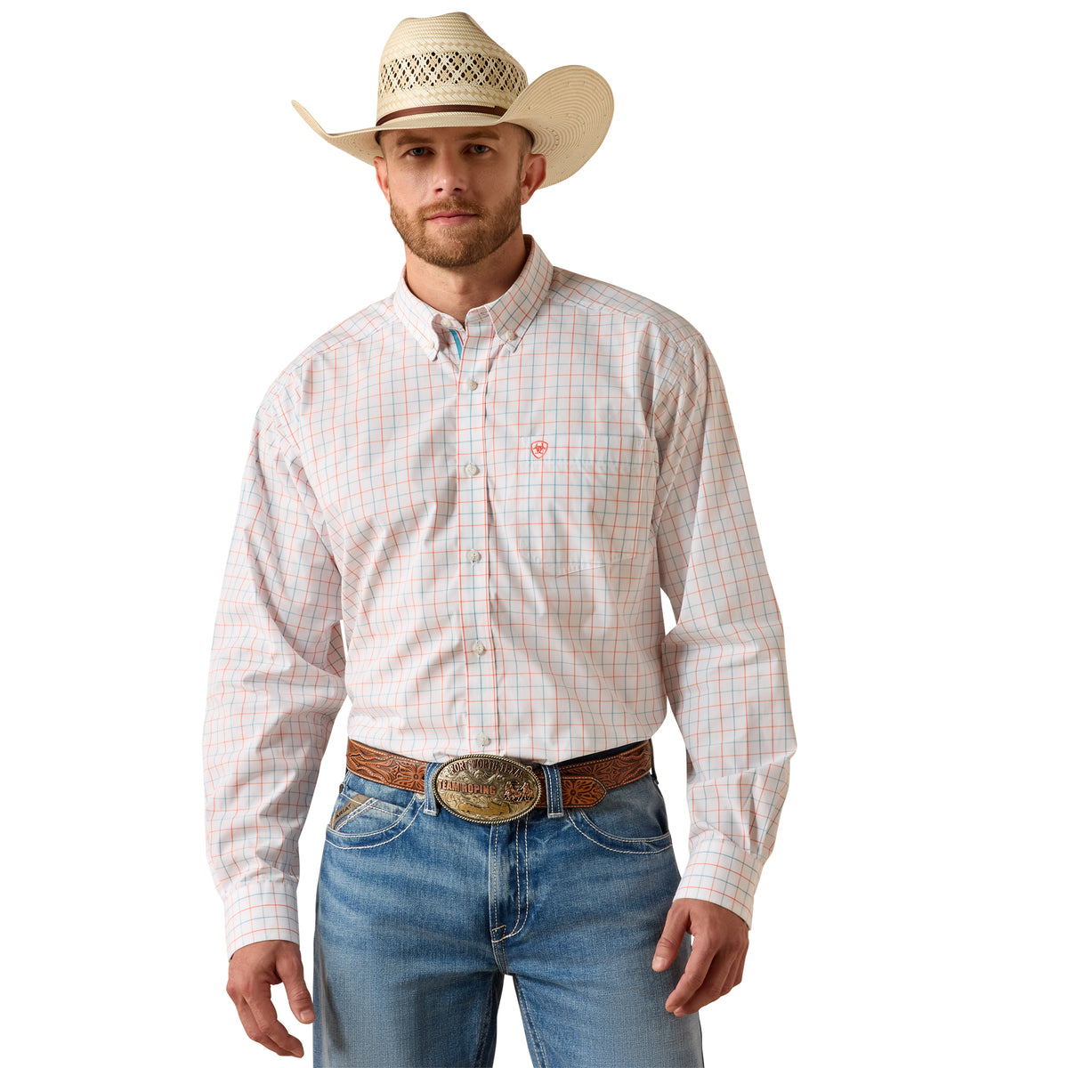 Man wearing a plaid shirt, jeans, and a cowboy hat on a white background