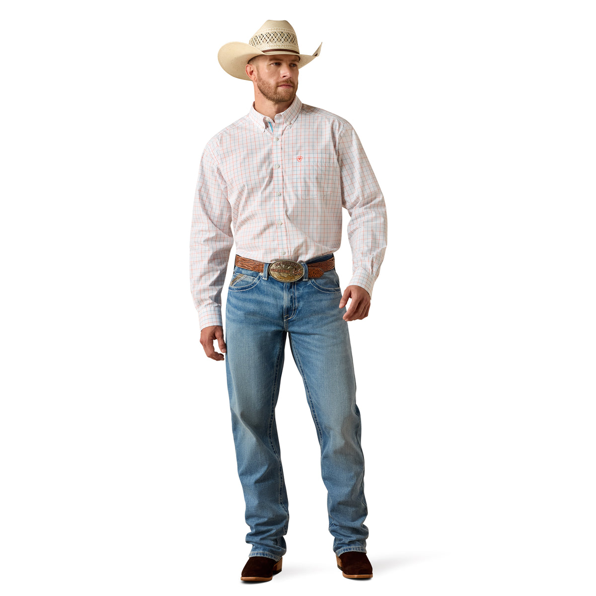 Man wearing a white shirt, blue jeans, and a cowboy hat on a white background