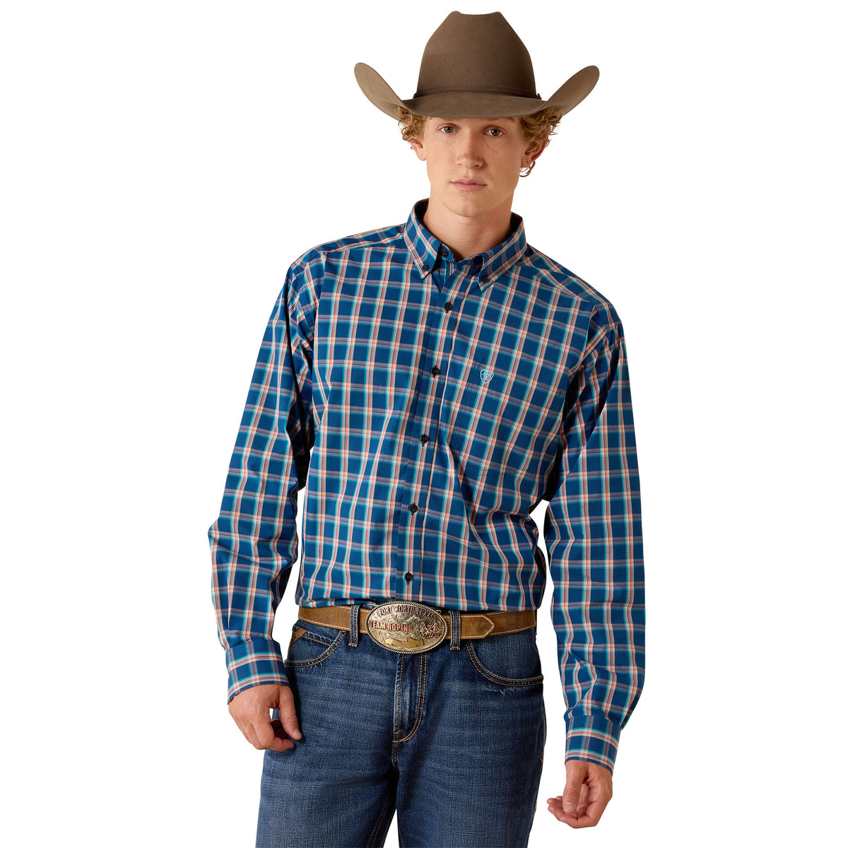 Man wearing a blue plaid shirt, jeans, and a brown cowboy hat on a white background