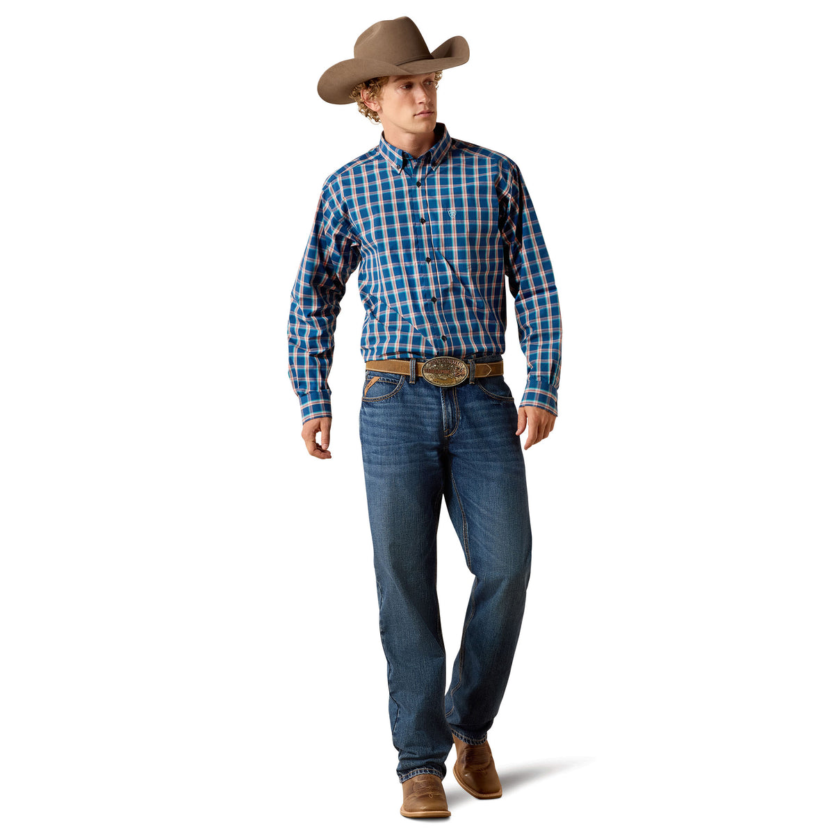 A man modeling a blue and white checkered long-sleeve western shirt, paired with blue jeans, a brown cowboy hat, and brown boots against a plain white background.