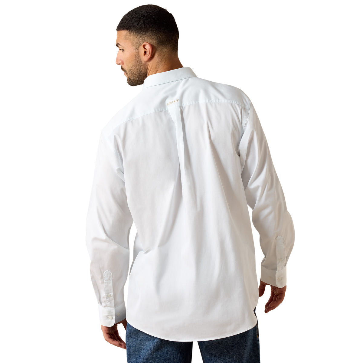 Man wearing a white long-sleeve shirt on a white background