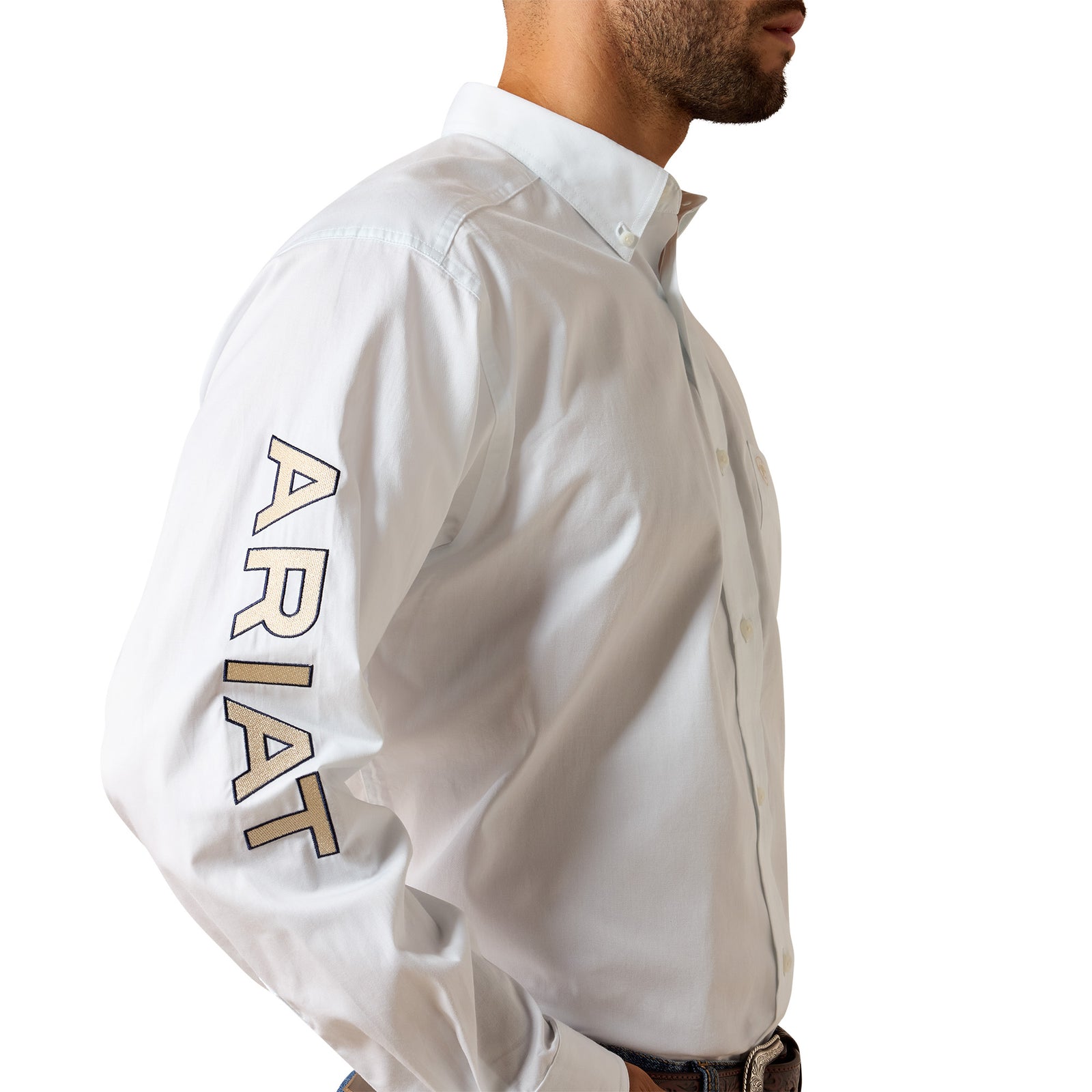White shirt with 'Ariat' branding on the sleeve against a white background
